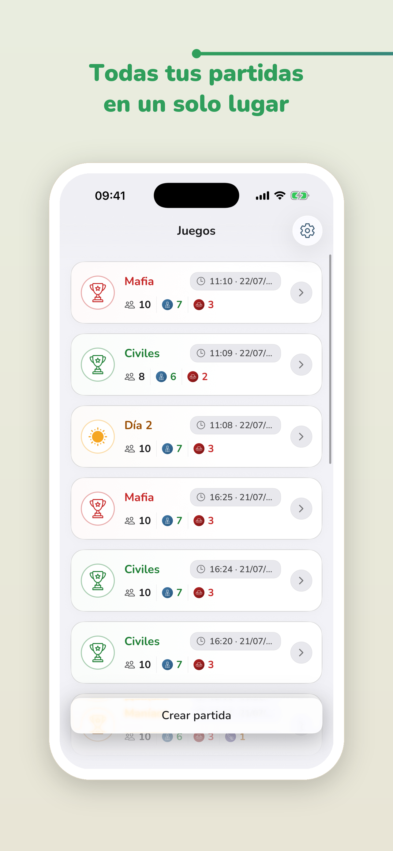 Pantalla con la lista de partidas