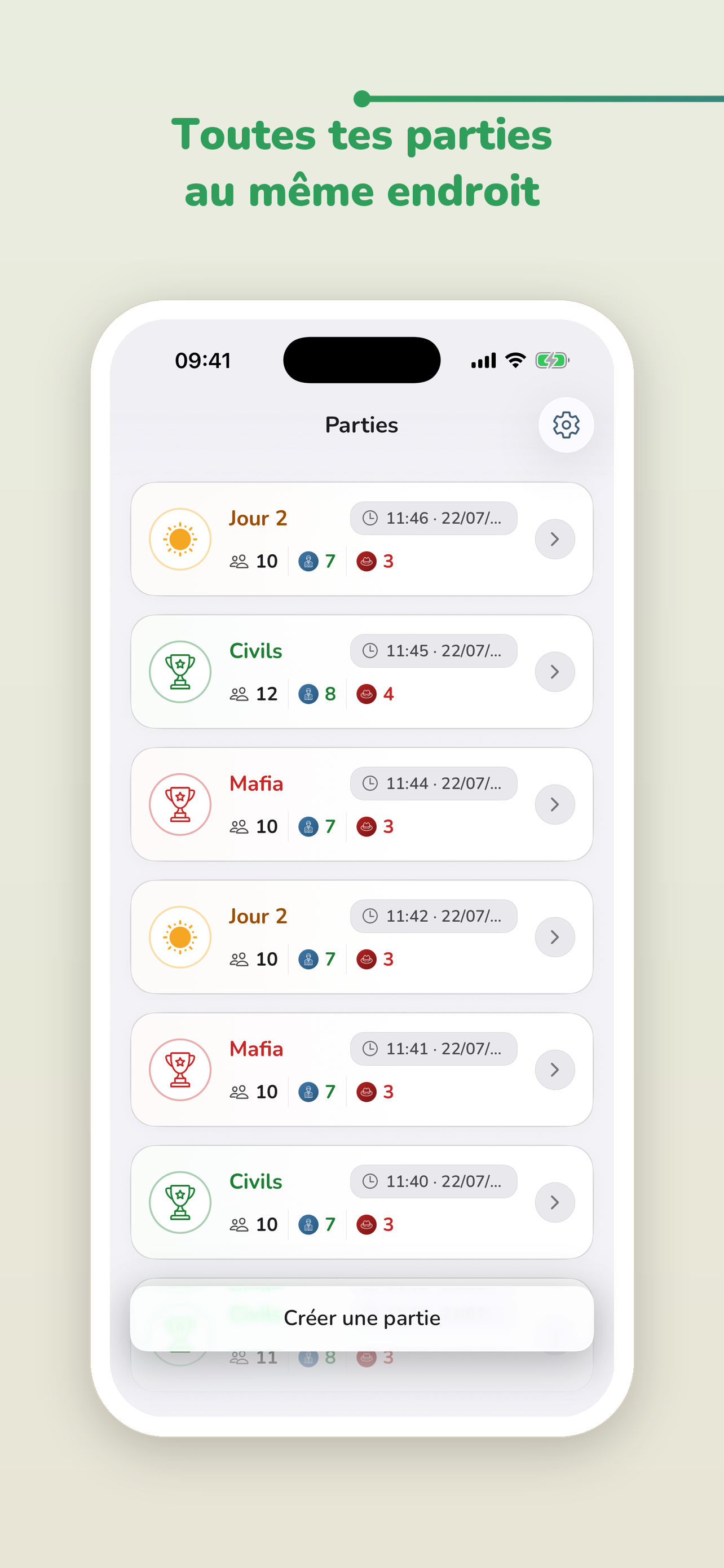 Écran de la liste des parties