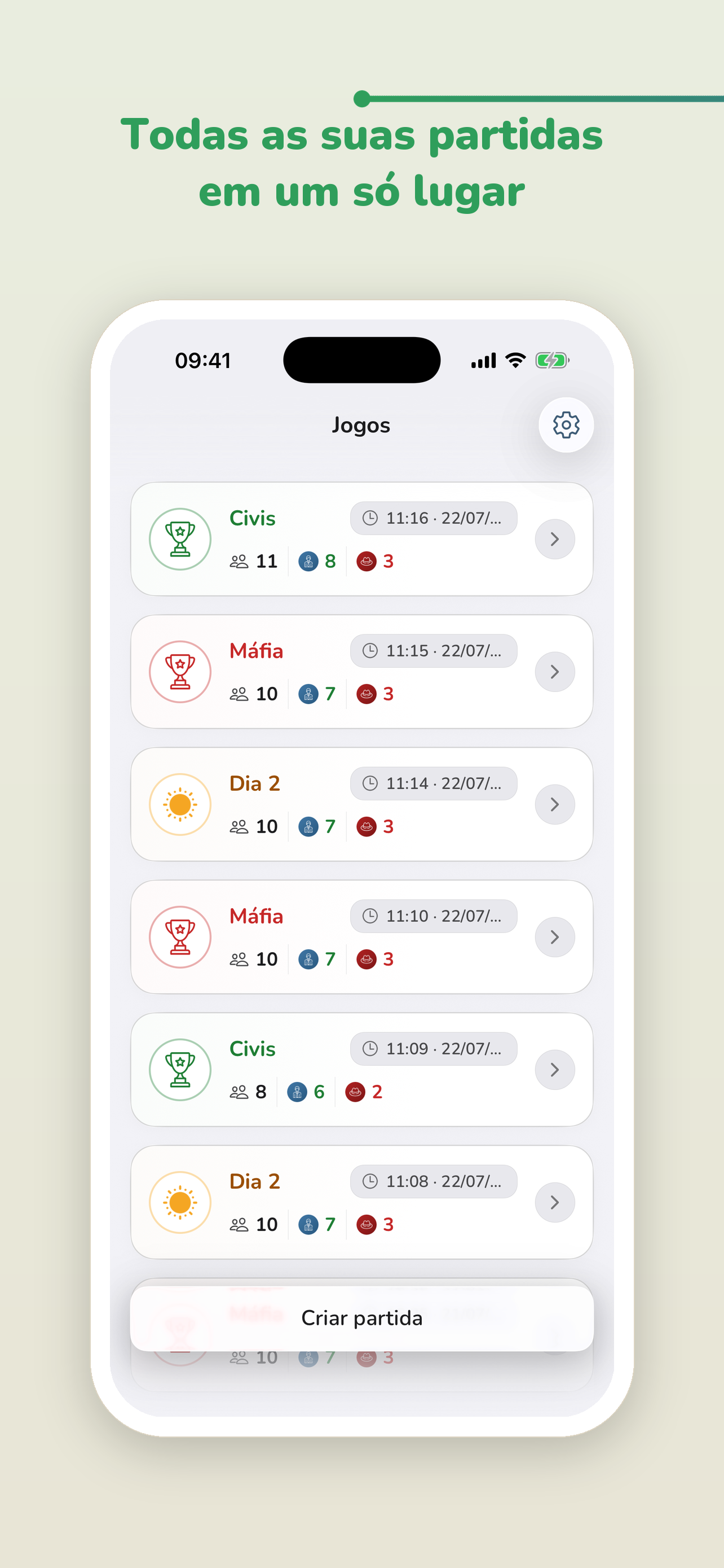 Tela com a lista de partidas
